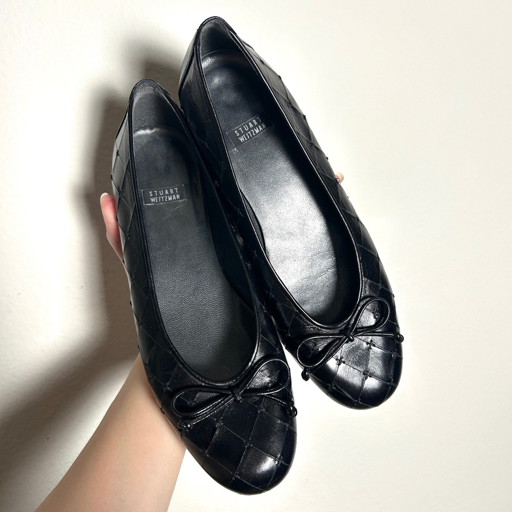 Stuart Weitzman Black Leather Quilted Woven Bow Ballet Flats Size 7 B Vintage